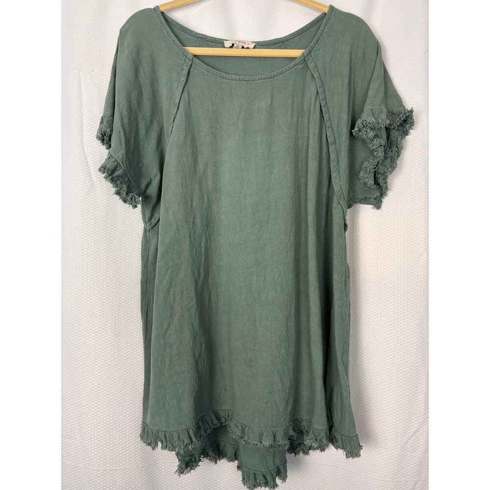 Umgee Green linen blend mini dress/tunic size 1X Lagenlook Mori boho cozy - Picture 2 of 8